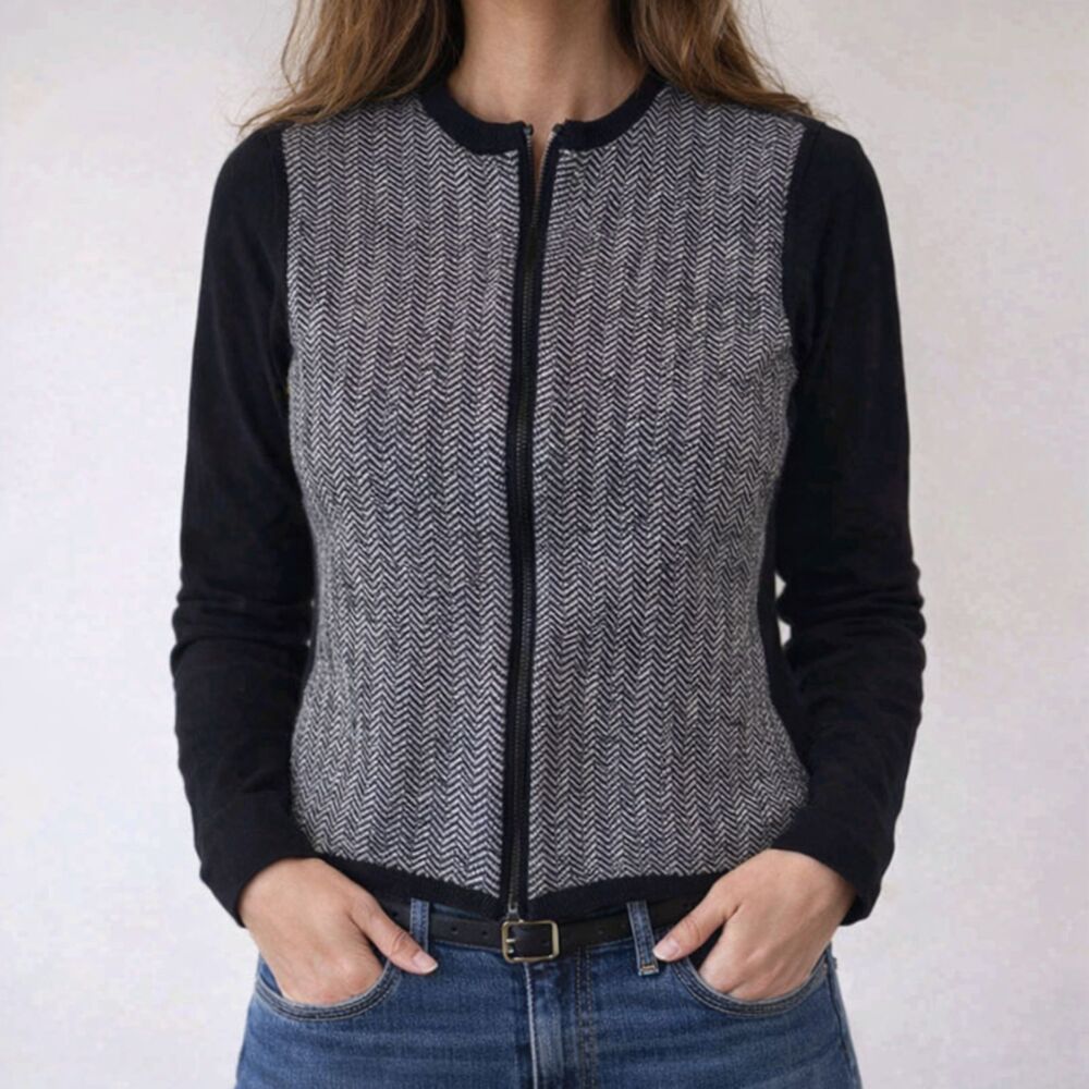 Lord & Taylor Cardigan Sweater Womens Petite Large Black White Full Zip Wool